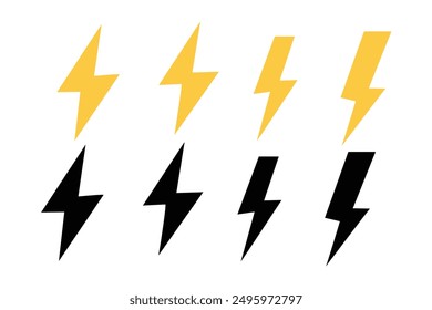 Lightning icons vector set. Thunder and Bolt. Flash icon. Lightning bolt yellow silhouette with black frame in cartoon style.