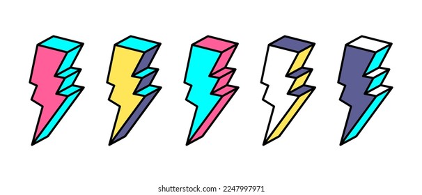 Lightning illustration in trendy retro  style. Cartoon thunderbolt 80s-90s in comic style. Trendy pop art, drawing, sticker for print. Vector isolated on white background.