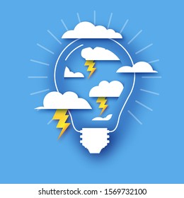Lightning lamp. Clouds. Light bulb in paper craft style. Origami Electric bulb for creativity, startup, brainstorming, business. Blue background.