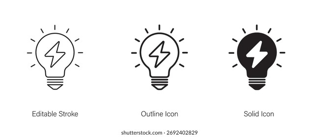 Relâmpago no ícone de lâmpada. Inovação de lâmpadas. Energia elétrica e combustível, energia elétrica de carga, solução criativa. linha e ícone sólido elemento para aplicativo e web. Ilustração vetorial. Traçado editável.