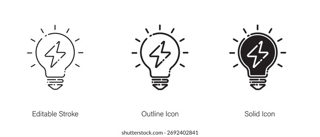 Relâmpago no ícone de lâmpada. Inovação de lâmpadas. Energia elétrica e combustível, energia elétrica de carga, solução criativa. linha e ícone sólido elemento para aplicativo e web. Ilustração vetorial. Traçado editável.
