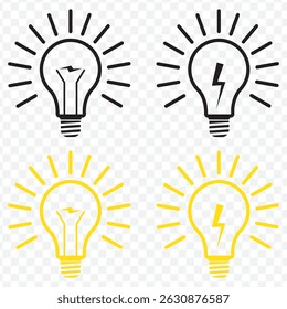 Lightning in light bulb icon set. Light bulb symbol with a lightning bolt inside. Vector illustration on Transparent Background. EPS 10.