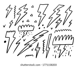 Blitzende große Kollektion. Doodle-Elemente. Schwarze Vektorgrafik. Line Art. Einzeln auf weißem Hintergrund.