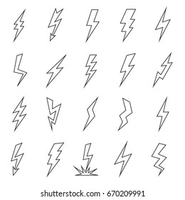 Lightning line flat graphic silhouette. Thunderstorm effect, sharp long strom image sketch. Vector flat style illustration isolated on white background