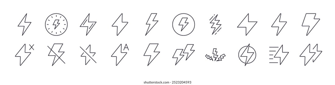 Conjunto De Ícones De Linha Relâmpago. Traço editável. Pictograma Linear Minimalista para Design de Cartões, Aplicativos, Banners, Posts