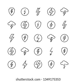 Lightning line icons charge thunder vector illustration lightning bolt thunder lighting battery strike contact social logistics vector symbols set