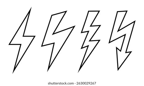 Lightning line icons set, thunder bolt symbols isolated on white background. Simple linear flat illustrations of electrical black shapes, web design elements.