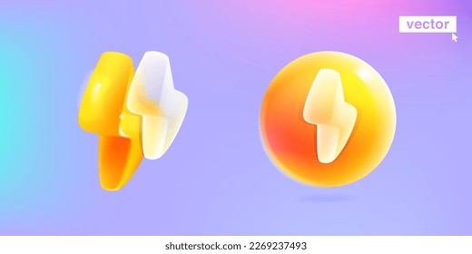 Lightning logos in glassmorphism style. Vector 3D thunderbolt icons. Transparent glass with blur effect. UI elements for sale presentation, business banner, Cyber Monday sale, Black Friday ads.
