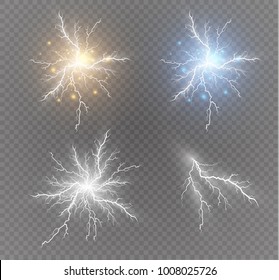 lightning Magic and bright light effects. Vector illustration. Discharge electric current. Charge current. Natural phenomena. Energy effect illustration. Bright light flare and sparks