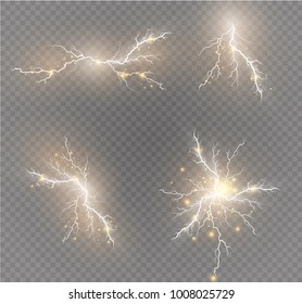 Lightning Magic And Bright Light Effects. Vector Illustration. Discharge Electric Current. Charge Current. Natural Phenomena. Energy Effect Illustration. Bright Light Flare And Sparks