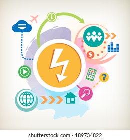Lightning and mobile phone on abstract colorful watercolor background with different icon and elements.