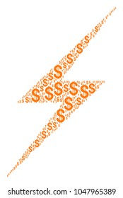 Lightning mosaic of dollar symbols. Vector dollar icons are organized into lightning mosaic.