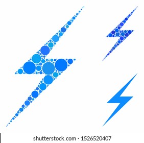 Lightning mosaic for lightning icon of small circles in different sizes and shades. Vector small circles are grouped into blue illustration. Dotted lightning icon in usual and blue versions.