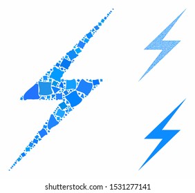 Lightning mosaic of irregular pieces in variable sizes and shades, based on lightning icon. Vector irregular elements are grouped into collage. Lightning icons collage with dotted pattern.