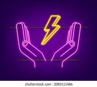 Rayo de neón en las manos. Tornillo de trueno, experiencia en golpes de iluminación. Ilustración del vector
