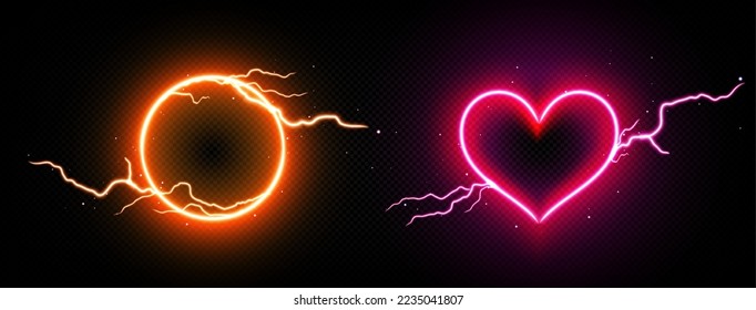 Lightning neon frames, round and heart shaped electric thunderbolt glowing borders with electrical discharge of pink and orange colors isolated on black background, Realistic 3d vector illustration