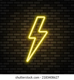 Lightning neon icon. Yellow neon sign on dark brick wall. Best for polygraphy, mobile apps and web design.