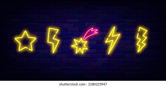 Lightning Neon Icons Collection. Thunderbolt, Comet And Star. Energy Concept. Pop Art Style. Shiny Effect Banner. Pictograms Set On Brick Wall. Luminous Label. Editable Stroke. Vector Illustration