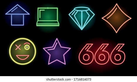 Lightning neon icons set, laptop, smile, 666, diamond,house.