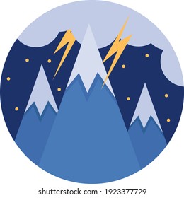 Lightning at night in the mountains, illustration, vector on white background.