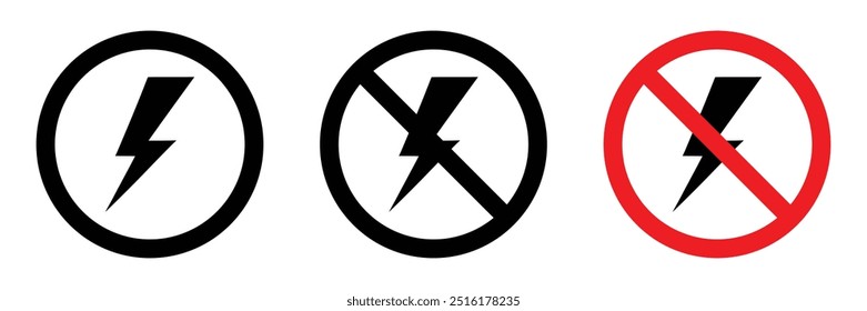 Relámpago y ningún rayo muestra el conjunto de iconos de Vector de la señal de electricidad. Flash y sin flash. Símbolo de apagón, apagón, advertencia brillante.
