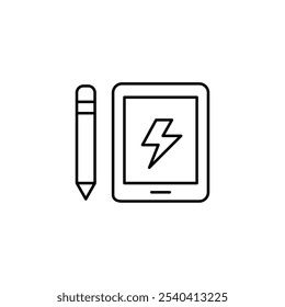 Lightning on electronic tablet and pencil. Power battery charging cycle, reusable energy sources. Pixel perfect, editable stroke icon