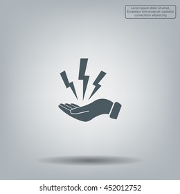lightning on hand icon, vector illustration. Flat design style