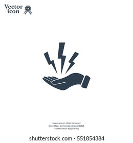 lightning on hand icon, vector illustration. Flat design style