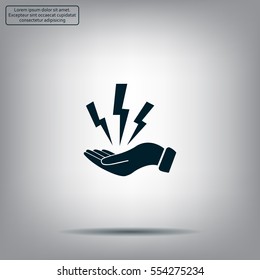 lightning on hand icon, vector illustration. Flat design style