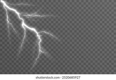 Relâmpago em um fundo transparente isolado. Flash de luz, png relâmpago. Tempestade, fenômeno natural. Efeito relâmpago png. Ilustração vetorial.