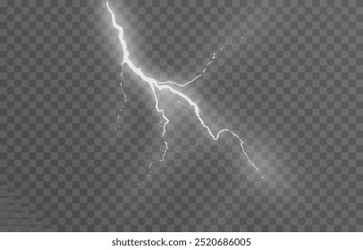 Relâmpago em um fundo transparente isolado. Flash de luz, png relâmpago. Tempestade, fenômeno natural. Efeito relâmpago png. Ilustração vetorial.