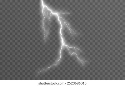 Relâmpago em um fundo transparente isolado. Flash de luz, png relâmpago. Tempestade, fenômeno natural. Efeito relâmpago png. Ilustração vetorial.