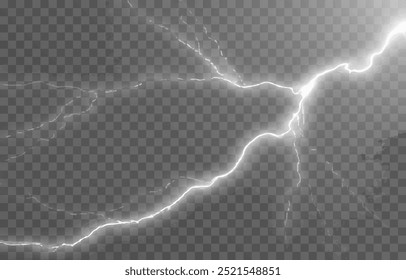 Relâmpago em um fundo transparente isolado. Flash de luz, png relâmpago. Tempestade, fenômeno natural. Efeito relâmpago png. Ilustração vetorial.