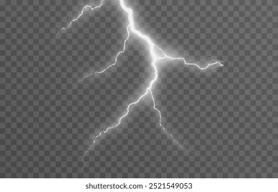 Relâmpago em um fundo transparente isolado. Flash de luz, png relâmpago. Tempestade, fenômeno natural. Efeito relâmpago png. Ilustração vetorial.