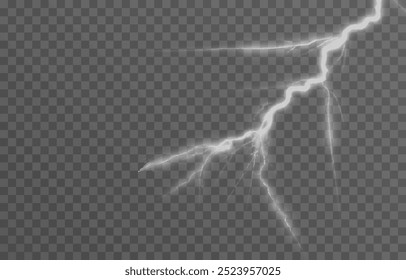 Relâmpago em um fundo transparente isolado. Flash de luz, png relâmpago. Tempestade, fenômeno natural. Efeito relâmpago png. Ilustração vetorial.