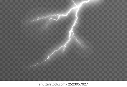 Relâmpago em um fundo transparente isolado. Flash de luz, png relâmpago. Tempestade, fenômeno natural. Efeito relâmpago png. Ilustração vetorial.