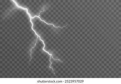 Relâmpago em um fundo transparente isolado. Flash de luz, png relâmpago. Tempestade, fenômeno natural. Efeito relâmpago png. Ilustração vetorial.