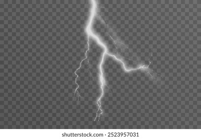 Relâmpago em um fundo transparente isolado. Flash de luz, png relâmpago. Tempestade, fenômeno natural. Efeito relâmpago png. Ilustração vetorial.