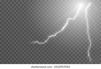 Relâmpago em um fundo transparente isolado. Flash de luz, png relâmpago. Tempestade, fenômeno natural. Efeito relâmpago png. Ilustração vetorial.