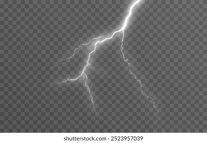 Relâmpago em um fundo transparente isolado. Flash de luz, png relâmpago. Tempestade, fenômeno natural. Efeito relâmpago png. Ilustração vetorial.