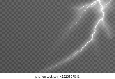 Lightning on an isolated transparent background. Flash of light, lightning png. Thunderstorm, natural phenomenon. Effect lightning png. Vector illustration.