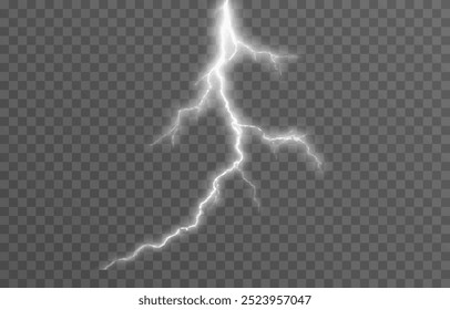 Relâmpago em um fundo transparente isolado. Flash de luz, png relâmpago. Tempestade, fenômeno natural. Efeito relâmpago png. Ilustração vetorial.