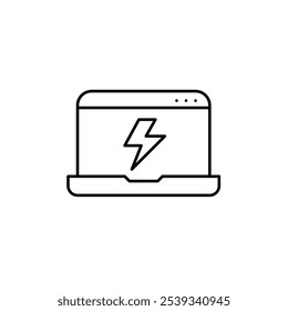 Relâmpago no laptop. Ciclo de carregamento da bateria de energia, fontes de energia reutilizáveis. Pixel perfeito, ícone de traçado editável