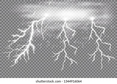 Lightning on a transparent background. Electric discharge and current. Magic and bright lighting effects. light blue. Vector illustration 