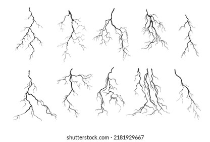 Lightning outline icons set  electric flash power energy   thunderbolts vector illustration  Black thin line strikes electricity and thunder   light effect in rain weather   thunderstorm