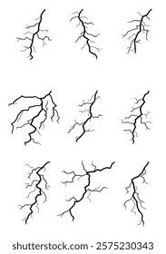 Lightning outline icons set, electric flash of power energy and thunderbolts vector illustration. Black thin line strikes of electricity with thunder and light effect in rain weather and thunderstorm