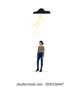 Lightning over the head of a female character on a white background