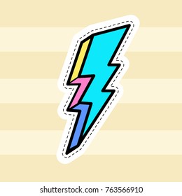 Lightning Patch Vector. Hand Drawn Fashion Hipster Badge, Sticker, Icon, Logo, Element. Rock And Roll Symbol.