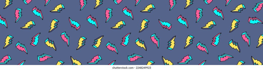 Lightning pattern on backdrop. Cartoon thunderbolt 80s-90s in comic style. Trendy retro style wallpaper. Modern abstract horizontal background. Vector EPS 10