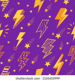 Lightning pattern. Seamless print with cartoon thunderbolt clipart elements of various shapes, electric power and thunder strike symbols. Vector texture with striped and dotted zigzags and stars